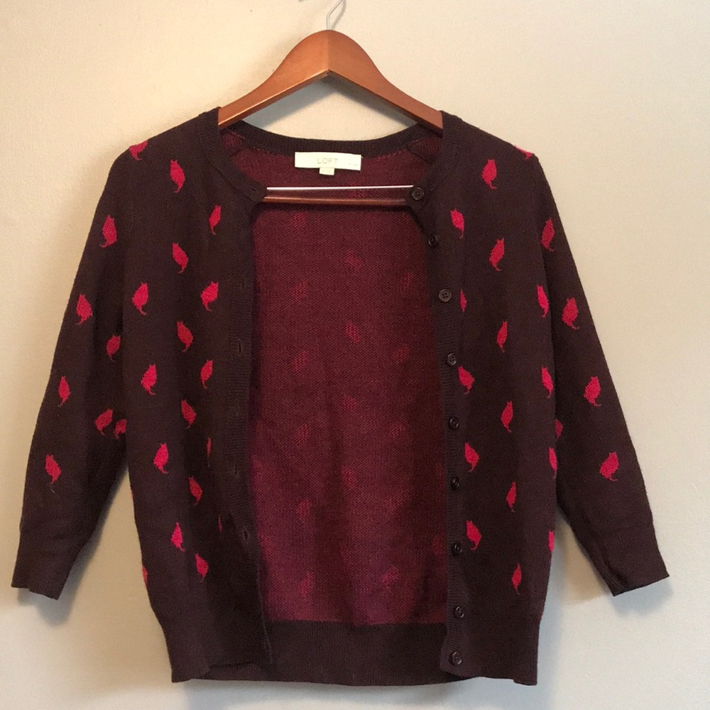 Loft Purple Button Up Cardigan with Cat Print